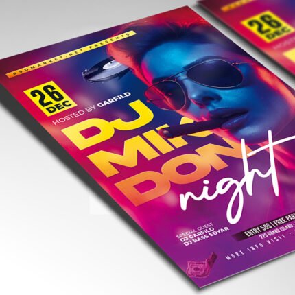 A customizable party flyer designed for a club night or festival, showcasing intense neon colors (blue/magenta) and deep black, perfect for promoting a high-impact DJ performance in 2026.