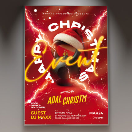 A professional Happy Christmas Best Flyer PSD Template featuring a bright, luxurious scene with gold sparkling accents, festive decorations, and elegant typography, conveying a premium and joyful holiday event.