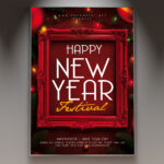 A professional Happy New Year Festival Flyer Template featuring a massive outdoor stage, a huge crowd under fireworks, and dynamic light effects, conveying an epic New Year's Eve music festival.