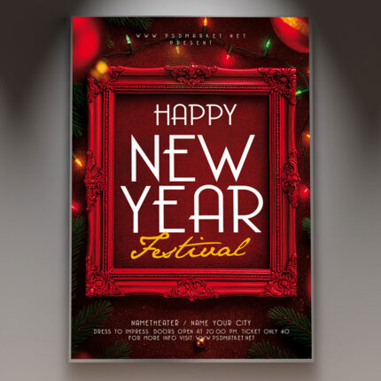 A professional Happy New Year Festival Flyer Template featuring a massive outdoor stage, a huge crowd under fireworks, and dynamic light effects, conveying an epic New Year's Eve music festival.