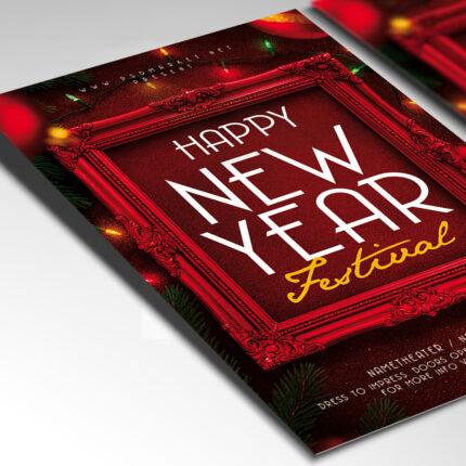 A customizable festival flyer designed for a major New Year celebration, showcasing bold, high-energy typography and an electric color palette of blue, magenta, and gold, perfect for a large-scale event promotion.