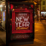 An inviting and attention-grabbing invitation template, ready for personalization for a "Happy New Year Festival," promising a multi-stage, unforgettable experience filled with music, lights, and mass celebration.