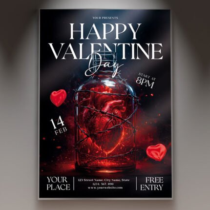 A professional Happy Valentine Day 2026 Flyer PSD Template featuring classic 3D red hearts, soft floral elements, and elegant 2026 branding.