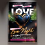 A professional Heart Love Night Flyer Template featuring a large, glowing red heart centerpiece, elegant lighting effects, and stylish typography for a romantic event.