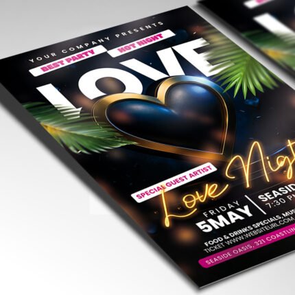 A customizable party flyer showcasing a modern heart-themed design with soft pink and gold accents, perfect for promoting a Valentine's or "Love Night" gala.