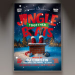 A professional Jingle Beats Flyer PSD Template featuring a dynamic club scene with intense lighting, sound wave graphics, and stylized Christmas elements, conveying a high-energy holiday dance party.