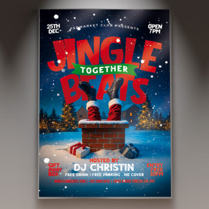 A professional Jingle Beats Flyer PSD Template featuring a dynamic club scene with intense lighting, sound wave graphics, and stylized Christmas elements, conveying a high-energy holiday dance party.