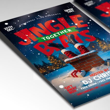 A customizable party flyer designed for a Christmas-themed DJ or EDM event, showcasing aggressive, glowing typography and a high-contrast color palette of neon, red, and black, perfect for a high-impact nightlife promotion.