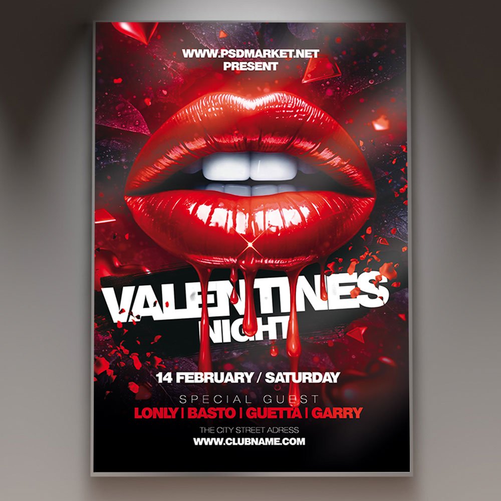 lips_love_2026_flyer_psd_template_1 A professional Lips Love 2026 Flyer PSD Template featuring glossy 3D red lips, sparkling glitter accents, and bold 2026 typography for a Valentine's event.