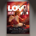 A professional Love Cupid 2026 Flyer PSD Template featuring a golden Cupid silhouette, shimmering arrows, and elegant red 3D hearts for a Valentine's event.