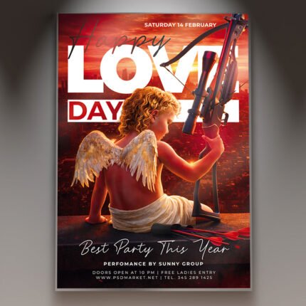 A professional Love Cupid 2026 Flyer PSD Template featuring a golden Cupid silhouette, shimmering arrows, and elegant red 3D hearts for a Valentine's event.