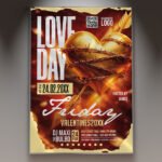 A professional Love Day Friday PSD Template featuring modern 3D hearts, vibrant club lighting, and bold typography for a Friday night party.