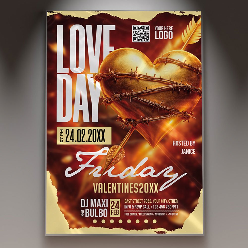 love_day_friday_psd_template_1 A professional Love Day Friday PSD Template featuring modern 3D hearts, vibrant club lighting, and bold typography for a Friday night party.