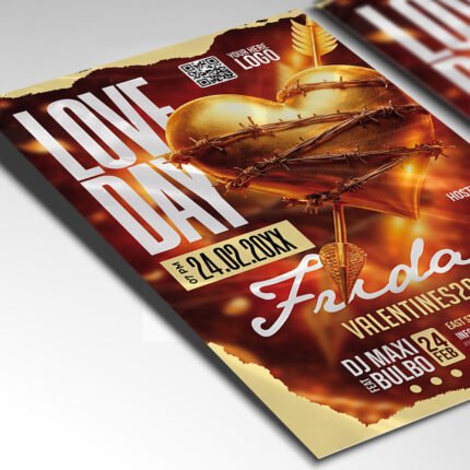 A customizable nightlife flyer for a romantic Friday event showcasing a high-energy dark background with neon pink and red accents.