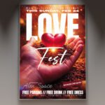 A professional Love Fest Party PSD Template featuring 3D speakers, heart balloons, and vibrant festival-style neon typography.