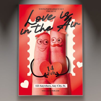 A professional Love Is Air 2026 Flyer PSD Template featuring ethereal clouds, floating pink petals, and elegant white typography for a sophisticated Valentine's event.