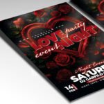 A customizable romantic party flyer for 2026 showcasing a high-contrast black and red color palette with shimmering heart accents, ideal for nightlife promotion.