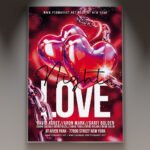 A professional Love Night Valentine's PSD Template featuring deep burgundy textures, shimmering gold heart outlines, and elegant typography.