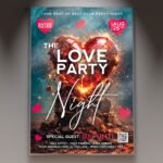 A professional Love Party Night PSD Template featuring glowing 3D heart elements, vibrant neon club lighting, and bold typography.