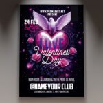 A professional Love Valentine's Day PSD Template featuring vibrant 3D hearts, soft glowing light effects, and elegant romantic typography.