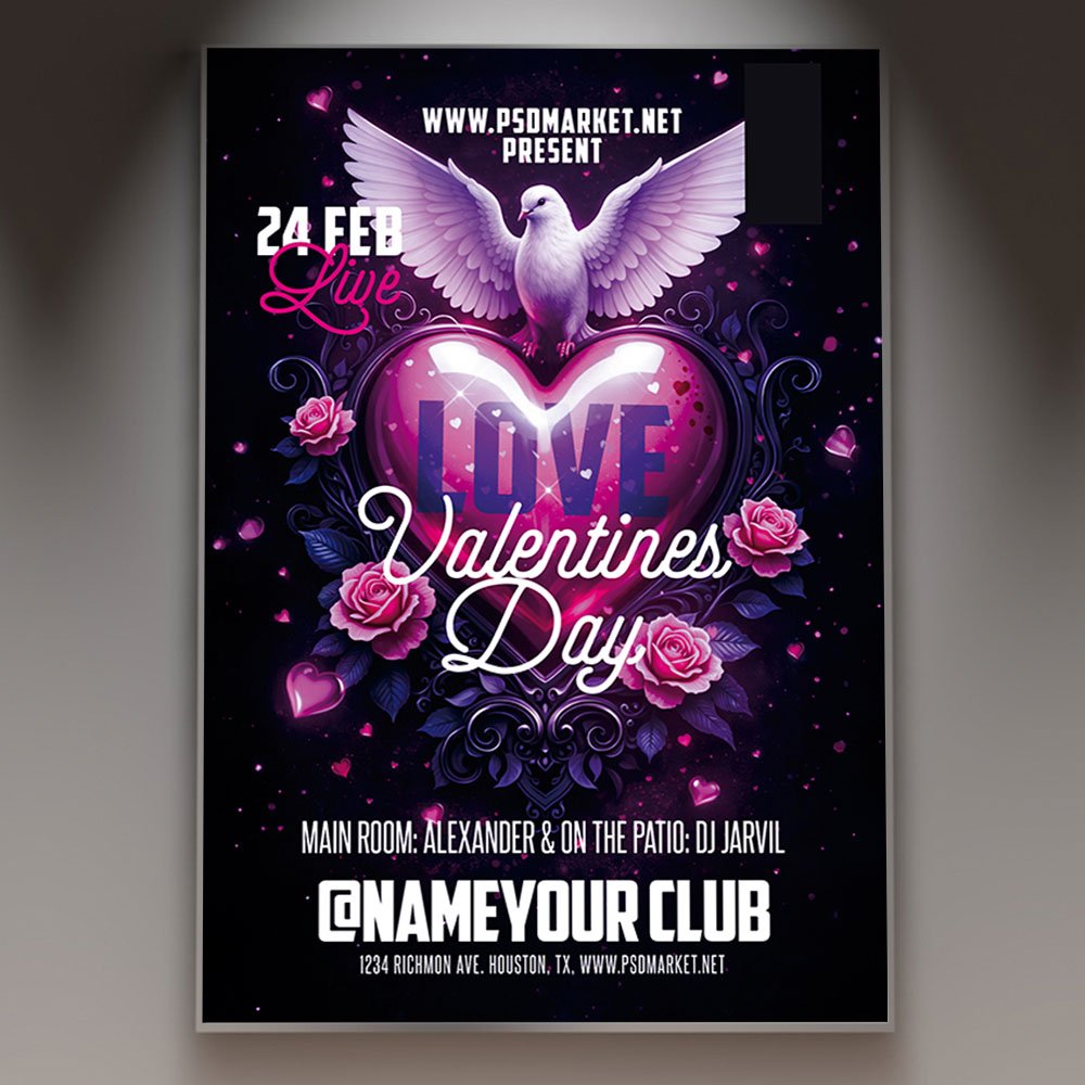 love_valentines_day_psd_template_1 A professional Love Valentine's Day PSD Template featuring vibrant 3D hearts, soft glowing light effects, and elegant romantic typography.