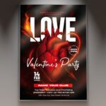 A professional Love Valentine's Night 2026 Flyer Template featuring deep red and gold tones, elegant heart graphics, and sophisticated typography with the year '2026', conveying a high-end romantic celebration.