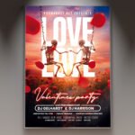 A professional Love Valentine's Party 2026 Flyer PSD Template featuring floating 3D hearts, sparkling light flares, and bold 2026 branding.