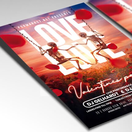 A customizable party flyer for Valentine's Day 2026 showcasing a vibrant crimson and gold color palette with elegant, modern typography.