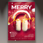 A professional Merry Christmas Best Flyer PSD Template featuring a luxurious scene with shimmering gold accents, elegant lighting, and festive red/black tones, conveying a premium holiday event.