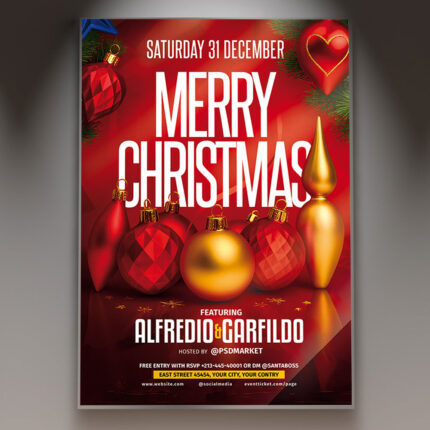 A professional Merry Christmas Flyer PSD Template featuring a classic, elegant scene with Christmas lights, pine decor, and rich holiday colors, conveying a traditional festive celebration.