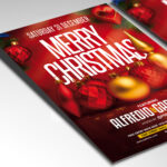 A customizable flyer designed for a Christmas event, showcasing beautiful, script-like typography and a color palette of deep red, forest green, and metallic gold, perfect for a high-quality, traditional seasonal promotion.