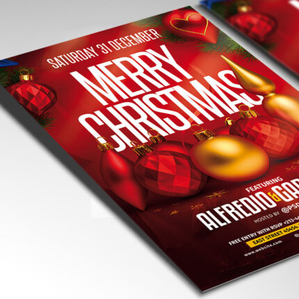 A customizable flyer designed for a Christmas event, showcasing beautiful, script-like typography and a color palette of deep red, forest green, and metallic gold, perfect for a high-quality, traditional seasonal promotion.