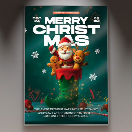 A professional Merry Christmas Happy Flyer PSD Template featuring a bright, cheerful scene with holiday lights, gifts, and a festive background, conveying a joyful seasonal celebration.