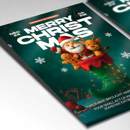 A customizable flyer designed for a Christmas and Holiday event, showcasing cheerful, welcoming typography and a color palette of vibrant red, white, and metallic gold, perfect for a high-quality, happy holiday promotion.