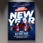 A professional New Year Club Night Flyer PSD Template featuring a dynamic club scene with pulsating lights, a DJ booth, and high-energy typography, conveying a massive New Year's Eve party.