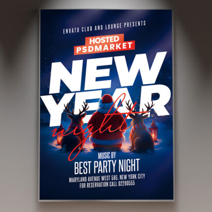 A professional New Year Club Night Flyer PSD Template featuring a dynamic club scene with pulsating lights, a DJ booth, and high-energy typography, conveying a massive New Year's Eve party.