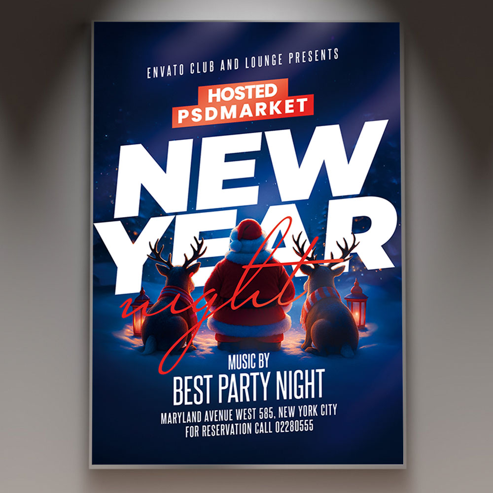 new-year-club-night-flyer-psd-template-1 A professional New Year Club Night Flyer PSD Template featuring a dynamic club scene with pulsating lights, a DJ booth, and high-energy typography, conveying a massive New Year's Eve party.
