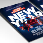 A customizable club flyer designed for a New Year's Eve countdown, showcasing bold, glowing text and an electric color palette of neon blue, black, and silver, perfect for a high-impact nightlife promotion.