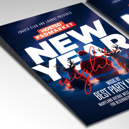 A customizable club flyer designed for a New Year's Eve countdown, showcasing bold, glowing text and an electric color palette of neon blue, black, and silver, perfect for a high-impact nightlife promotion.