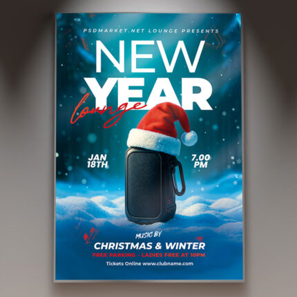 A professional New Year Lounge Flyer PSD Template featuring an elegant, dimly lit scene with a bar and champagne flutes, conveying a sophisticated and upscale New Year's Eve party.
