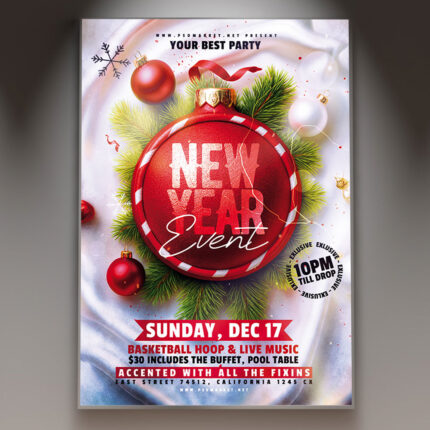 A professional New Year Event 2027 Flyer Template featuring fireworks, dynamic lights, confetti, and the bold year '2027', conveying an energetic and major New Year's Eve celebration.