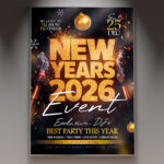 A professional New Year's 2026 Event Flyer Template featuring dynamic lights, confetti, celebratory graphics, and the bold year '2026', conveying an energetic and major New Year's Eve countdown.