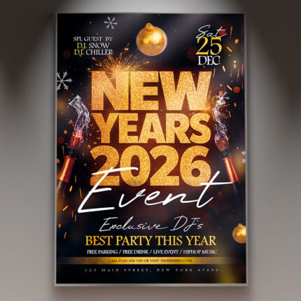 A professional New Year's 2026 Event Flyer Template featuring dynamic lights, confetti, celebratory graphics, and the bold year '2026', conveying an energetic and major New Year's Eve countdown.