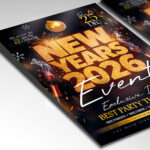 A customizable flyer designed for a 2026 New Year's event, showcasing modern, exciting typography and a high-impact color palette of metallic gold, deep blue, and silver, perfect for a high-quality seasonal promotion.