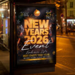 An inviting and attention-grabbing invitation template, ready for personalization for a "New Year's 2026 Event," promising an unforgettable night of high energy, entertainment, and celebration to welcome the new year.