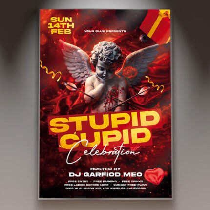 A professional Stupid Cupid 2026 Flyer PSD Template featuring an edgy Cupid graphic with a bow, broken heart motifs, and bold 2026 typography.
