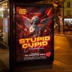 An eye-catching invitation template for a "Stupid Cupid 2026" singles night, featuring a rebellious layout and modern design for nightlife promotion.