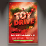 A professional Toy Drive 2027 Flyer PSD Template featuring a pile of cheerful, wrapped gifts and toys, festive lights, and the year '2027', conveying a warm, charitable holiday collection event.