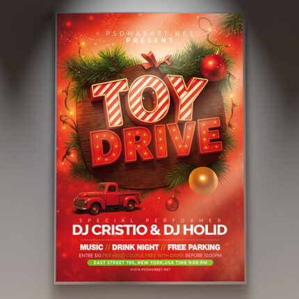 A professional Toy Drive 2027 Flyer PSD Template featuring a pile of cheerful, wrapped gifts and toys, festive lights, and the year '2027', conveying a warm, charitable holiday collection event.