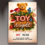A professional Toy Drive Night Flyer PSD Template featuring a dark, club-like setting with bright neon/light effects and images of wrapped gifts, conveying a charitable nightlife event.